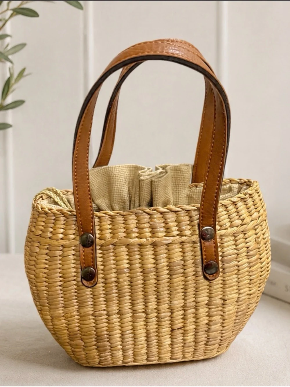 Natural Woven Tote with Brown Leather Handles